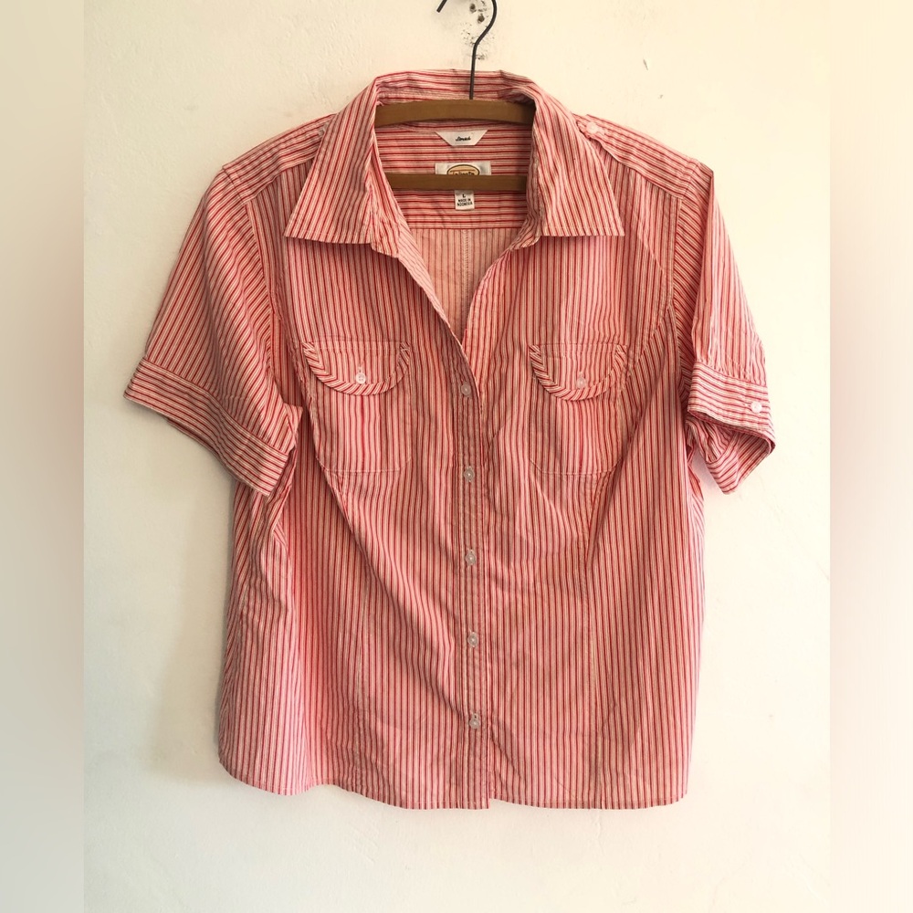 Talbots Petites Blouse Women's Large Short Sleeve Button Red White Candy Stripe